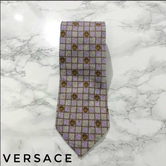 Versace Purple Grey Checkered Medusa Print Tie EUC - Picture 2 of 6